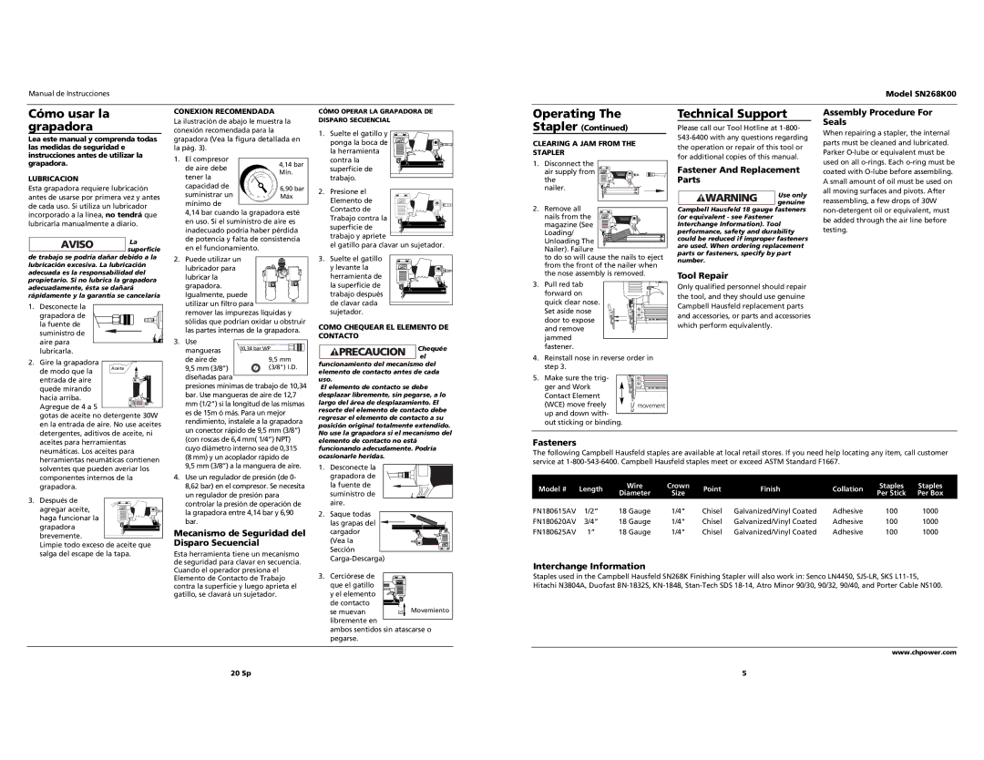 Campbell Hausfeld SN268K00 operating instructions Cómo usar la grapadora, Technical Support 