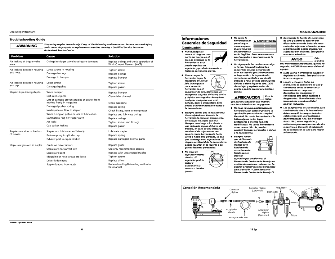 Campbell Hausfeld SN268K00 operating instructions Troubleshooting Guide, Conexión Recomendada, Problem Cause Solution 