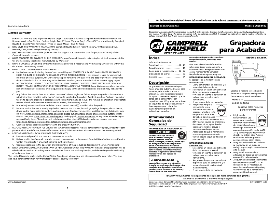 Campbell Hausfeld SN268K00 Grapadora para Acabado, Índice, Descripción, Informaciones Generales de Seguridad 