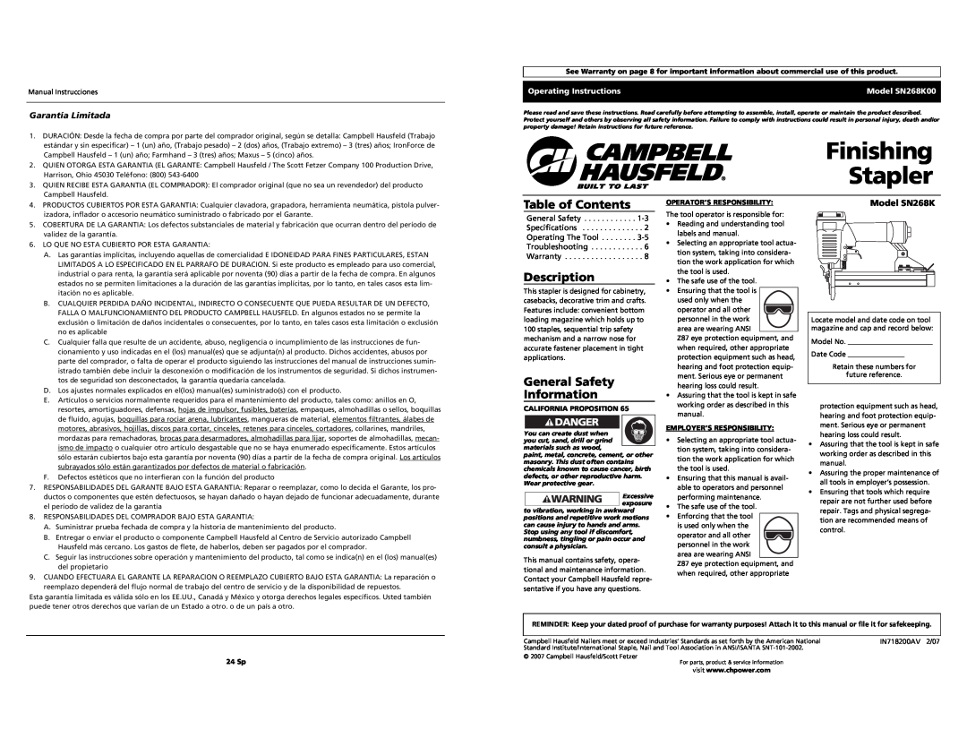 Campbell Hausfeld SN268K00 operating instructions Finishing Stapler, Table of Contents, Description, Garantía Limitada 