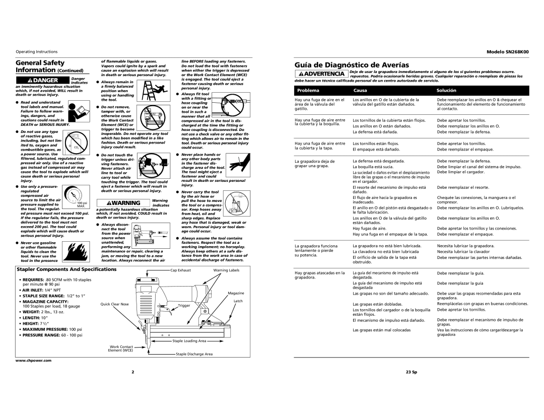 Campbell Hausfeld Guía de Diagnóstico de Averías, General Safety Information Continued, Modelo SN268K00, Problema 