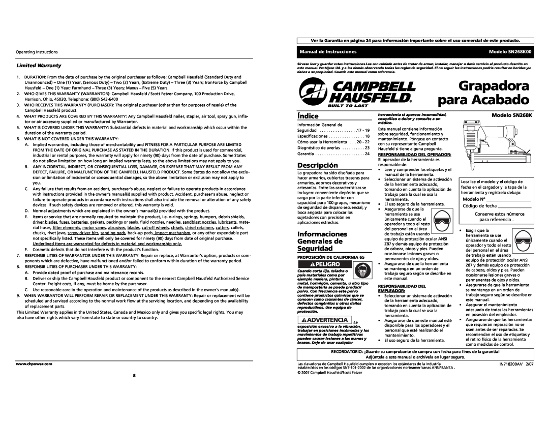 Campbell Hausfeld SN268K00 Grapadora para Acabado, Índice, Descripción, Informaciones Generales de Seguridad 