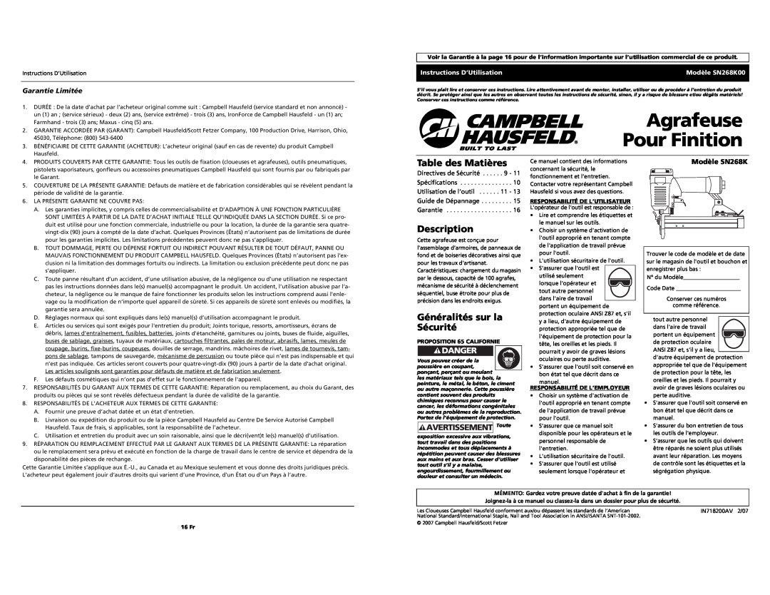 Campbell Hausfeld SN268K00 Agrafeuse Pour Finition, Table des Matières, Généralités sur la Sécurité, Garantie Limitée 