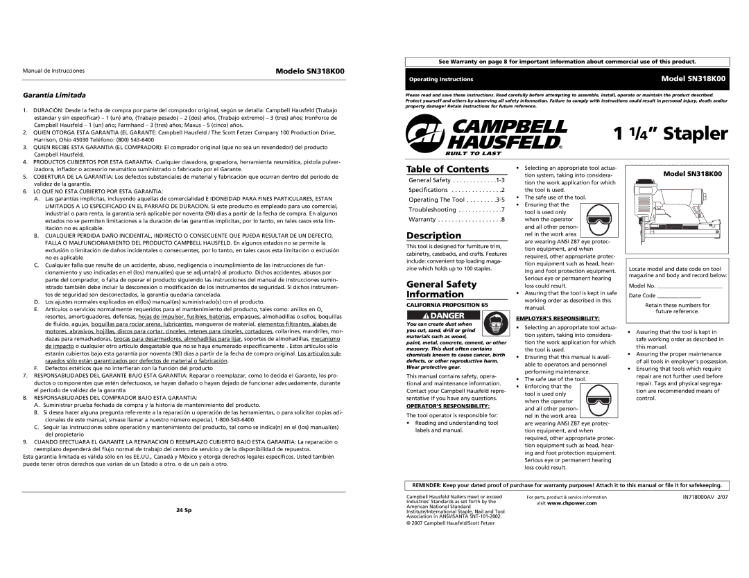 Campbell Hausfeld SN318K00 specifications Table of Contents, Description, General Safety Information, Garantía Limitada 