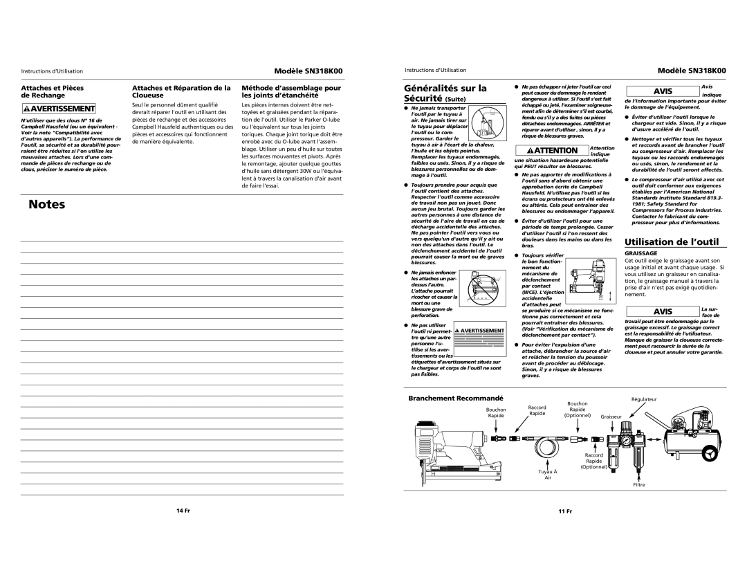 Campbell Hausfeld SN318K00 Utilisation de l’outil, Attaches et Pièces de Rechange, Attaches et Réparation de la Cloueuse 