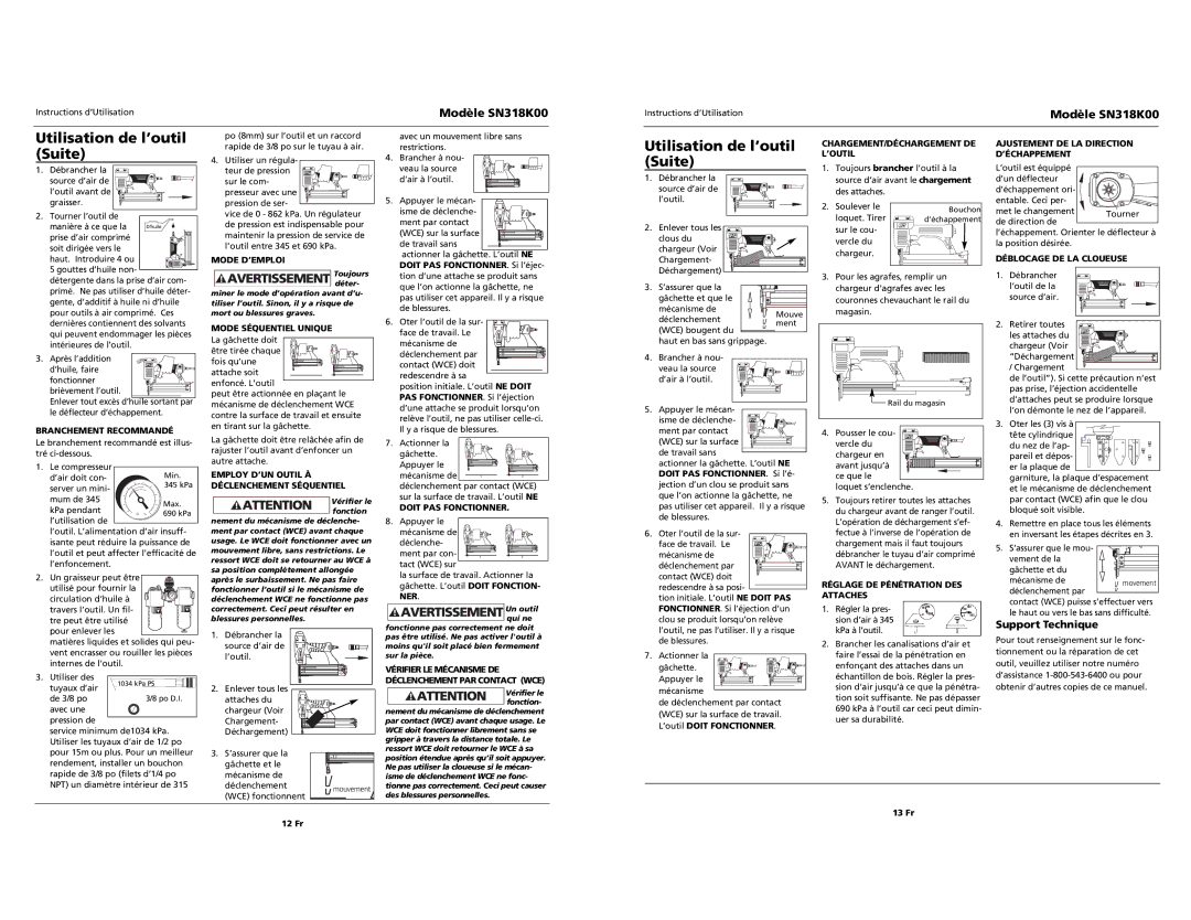 Campbell Hausfeld SN318K00 specifications Utilisation de l’outil Suite, Support Technique 