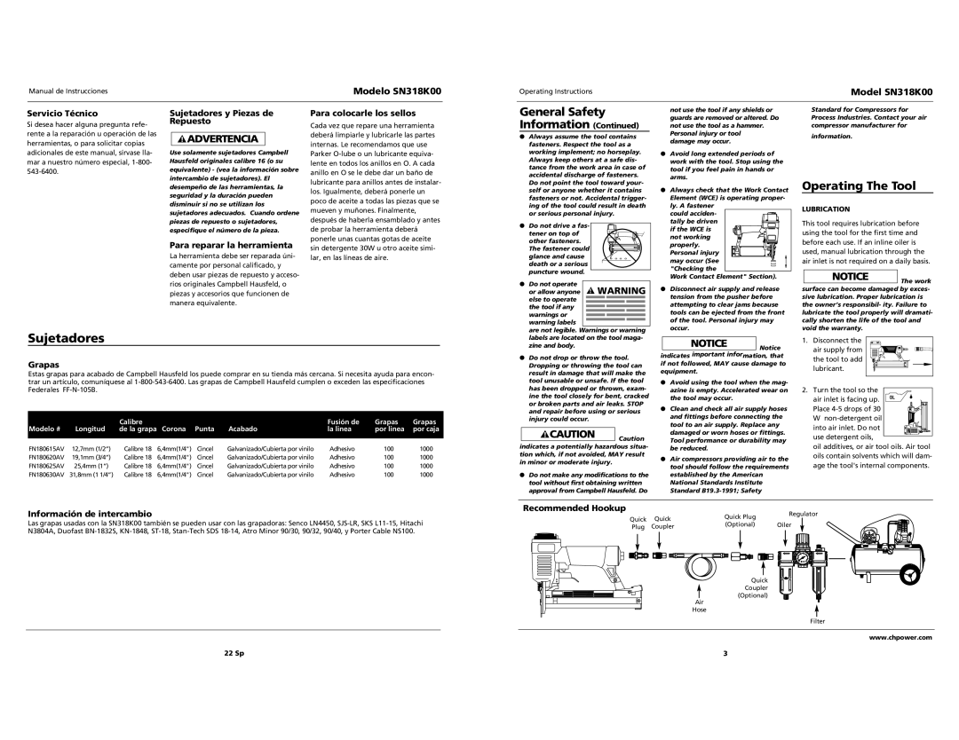 Campbell Hausfeld SN318K00 specifications Sujetadores, Operating The Tool 