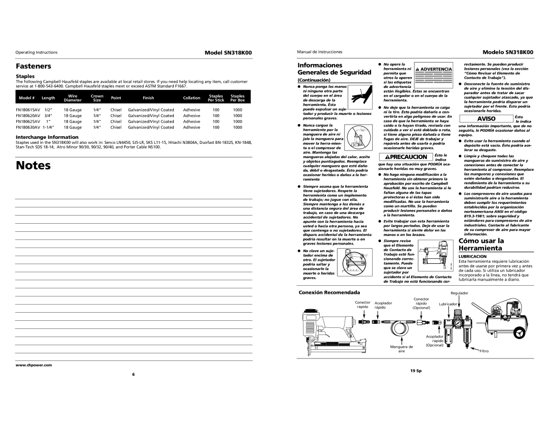 Campbell Hausfeld SN318K00 specifications Fasteners, Staples, Interchange Information, Conexión Recomendada, Continuación 