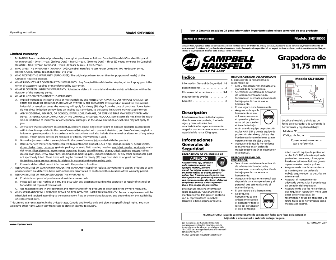 Campbell Hausfeld Índice, Descripción, Informaciones Generales de Seguridad, Limited Warranty, Modelo SN318K00 