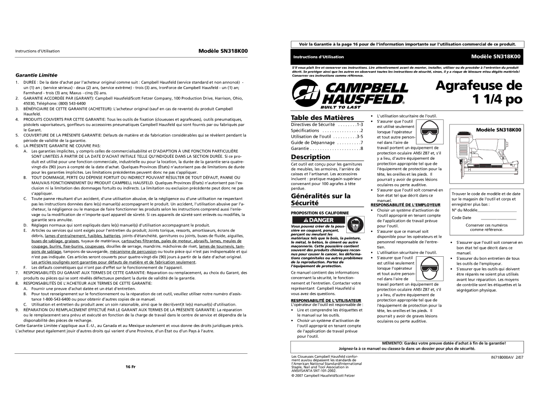 Campbell Hausfeld specifications Table des Matières, Généralités sur la Sécurité, Modèle SN318K00, Garantie Limitée 