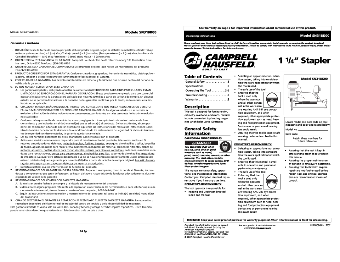 Campbell Hausfeld SN318K00 specifications 1 1/4” Stapler, Table of Contents, Description, General Safety Information 