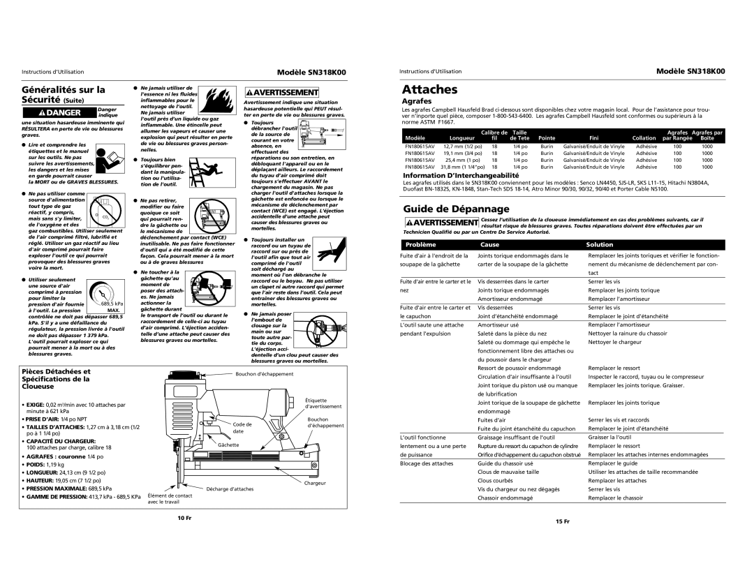 Campbell Hausfeld SN318K00 Guide de Dépannage, Généralités sur la Sécurité Suite, Agrafes, Pièces Détachées et, Cloueuse 