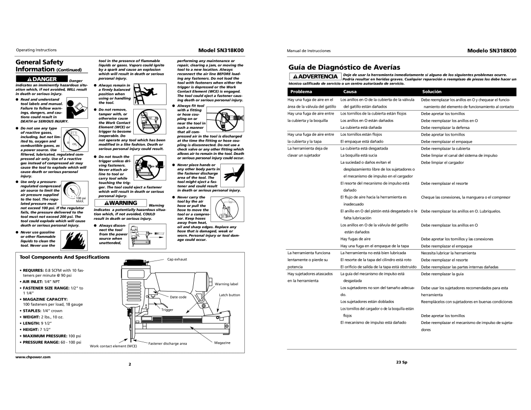 Campbell Hausfeld Guía de Diagnóstico de Averías, General Safety Information Continued, Model SN318K00, Problema, Causa 