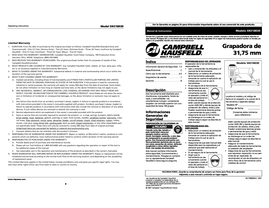 Campbell Hausfeld Índice, Descripción, Informaciones Generales de Seguridad, Limited Warranty, Modelo SN318K00 