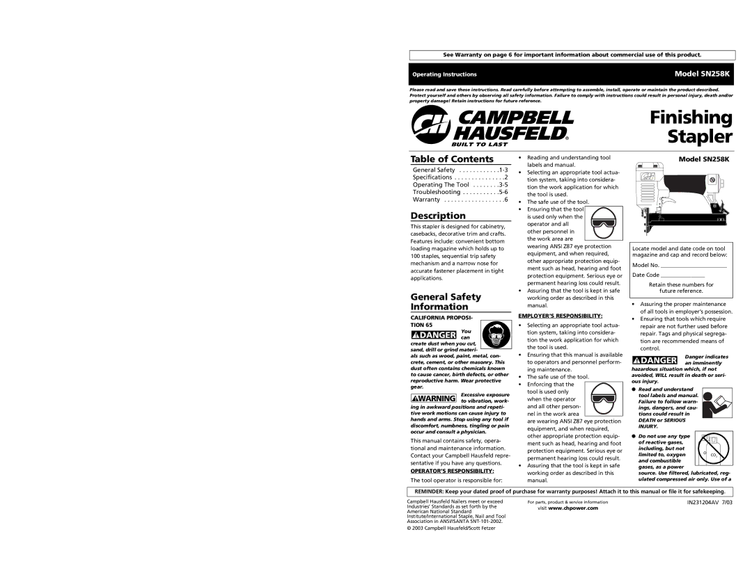 Campbell Hausfeld SN528K specifications Table of Contents, Description, General Safety Information, Model SN258K 