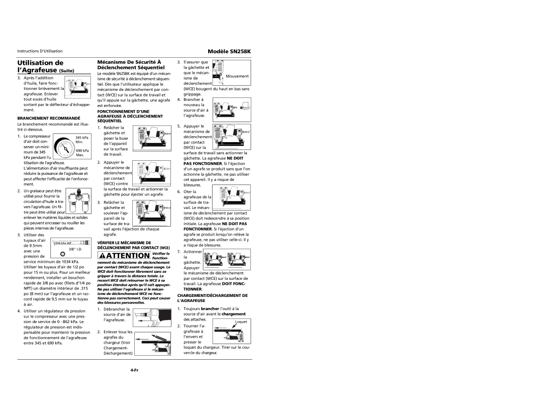 Campbell Hausfeld SN528K specifications Utilisation de ’Agrafeuse Suite, Mécanisme De Sécurité À Déclenchement Séquentiel 