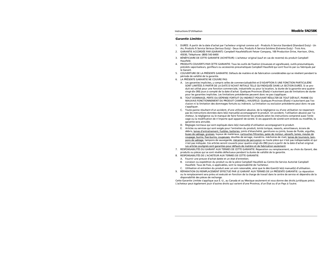 Campbell Hausfeld SN528K specifications Garantie Limitée 