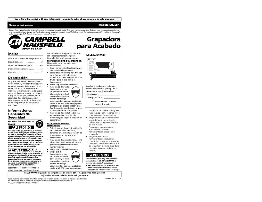 Campbell Hausfeld SN528K Índice, Descripción, Informaciones Generales de Seguridad, Advertencia Laexposi, Modelo SN258K 