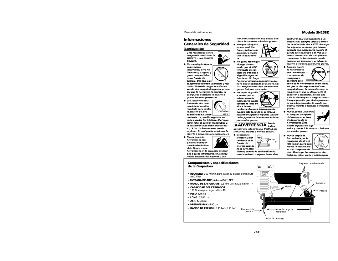 Campbell Hausfeld SN528K specifications Advertencia indica, Componentes y Especificaciones de la Grapadora, Continuación 