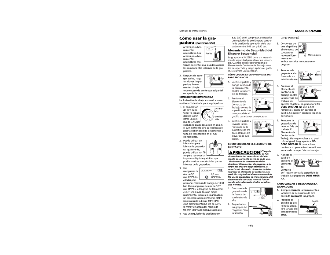 Campbell Hausfeld SN528K Cómo usar la gra, Mecanismo de Seguridad del Disparo Secuencial, Padora Continuación 