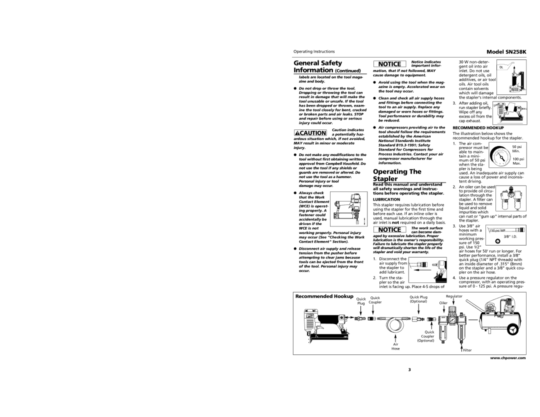 Campbell Hausfeld SN528K specifications Operating Stapler, Recommended Hookup, Lubrication 
