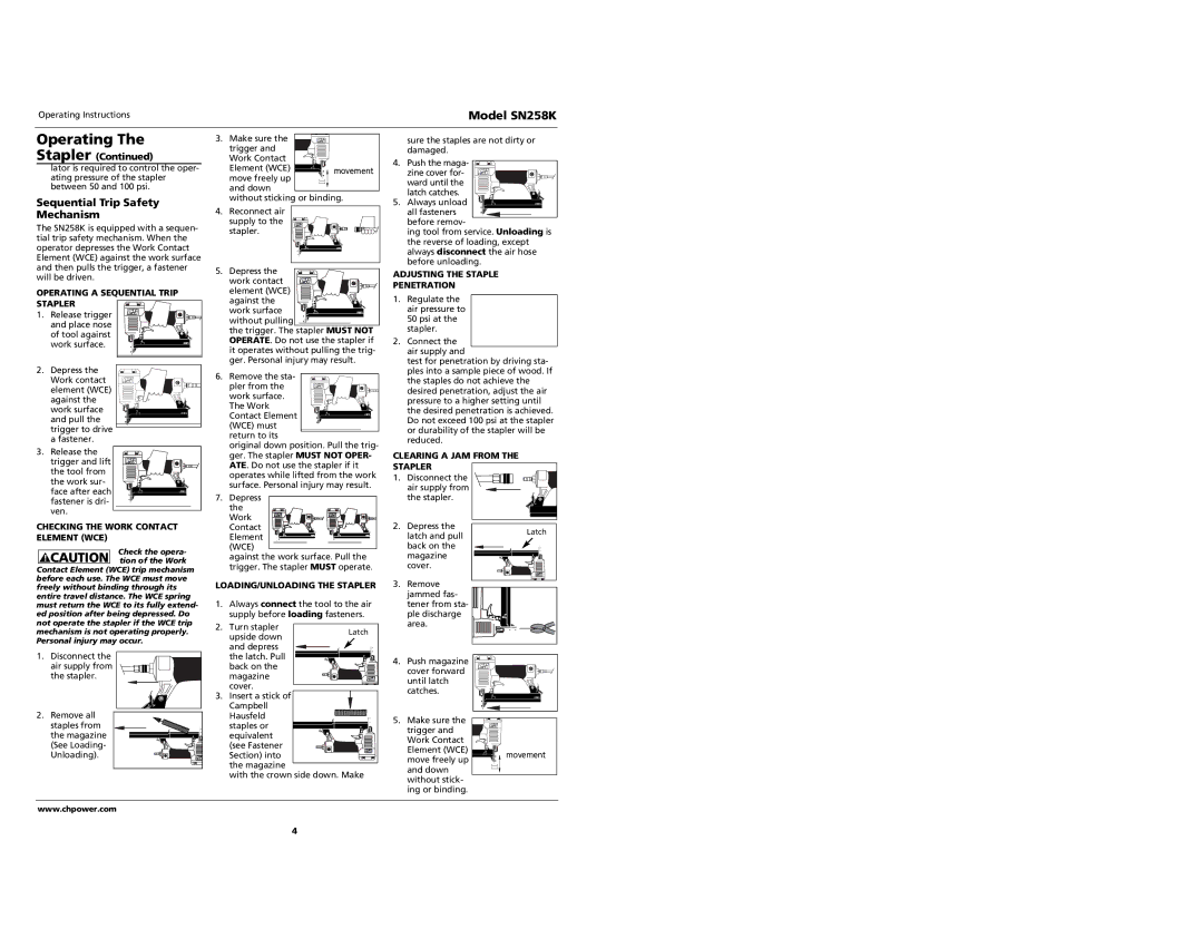 Campbell Hausfeld SN528K specifications Operating, Sequential Trip Safety Mechanism, Stapler 