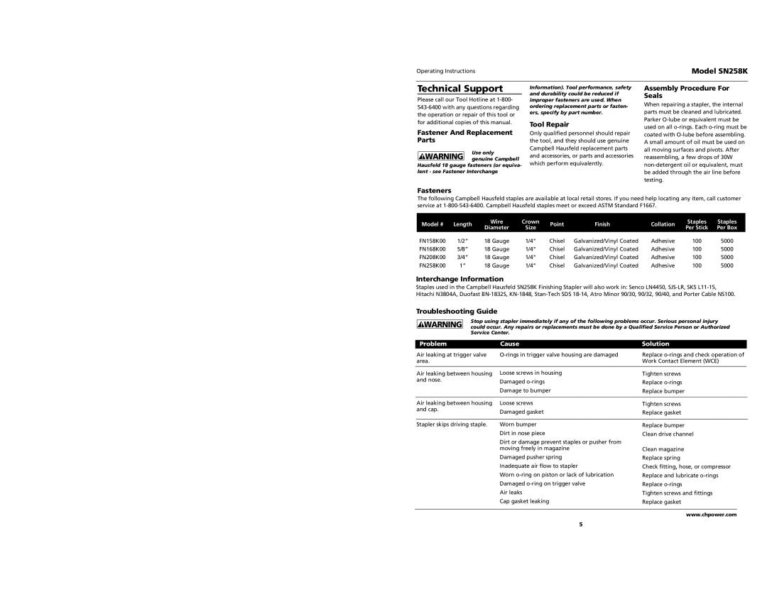 Campbell Hausfeld SN528K specifications Technical Support 