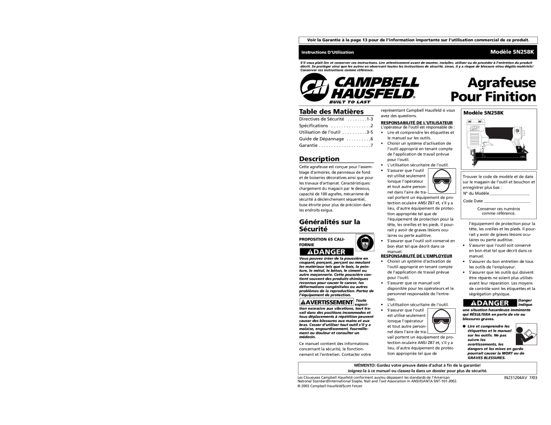 Campbell Hausfeld SN528K Table des Matières, Généralités sur la Sécurité, Modèle SN258K, Proposition 65 Cali Fornie 