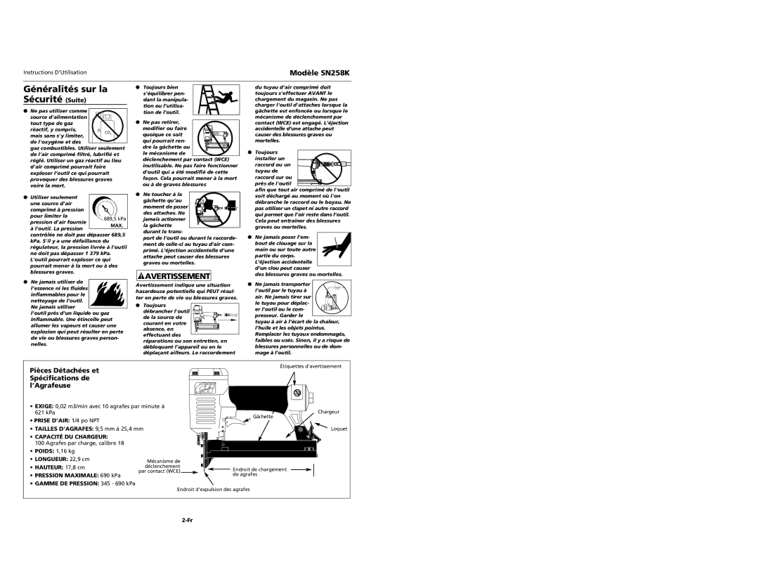 Campbell Hausfeld SN528K specifications Généralités sur la Sécurité Suite, Modèle SN258K, Capacité DU Chargeur 