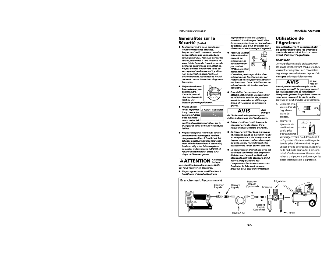 Campbell Hausfeld SN528K specifications Utilisation de l’Agrafeuse, Branchement Recommandé, Graissage 