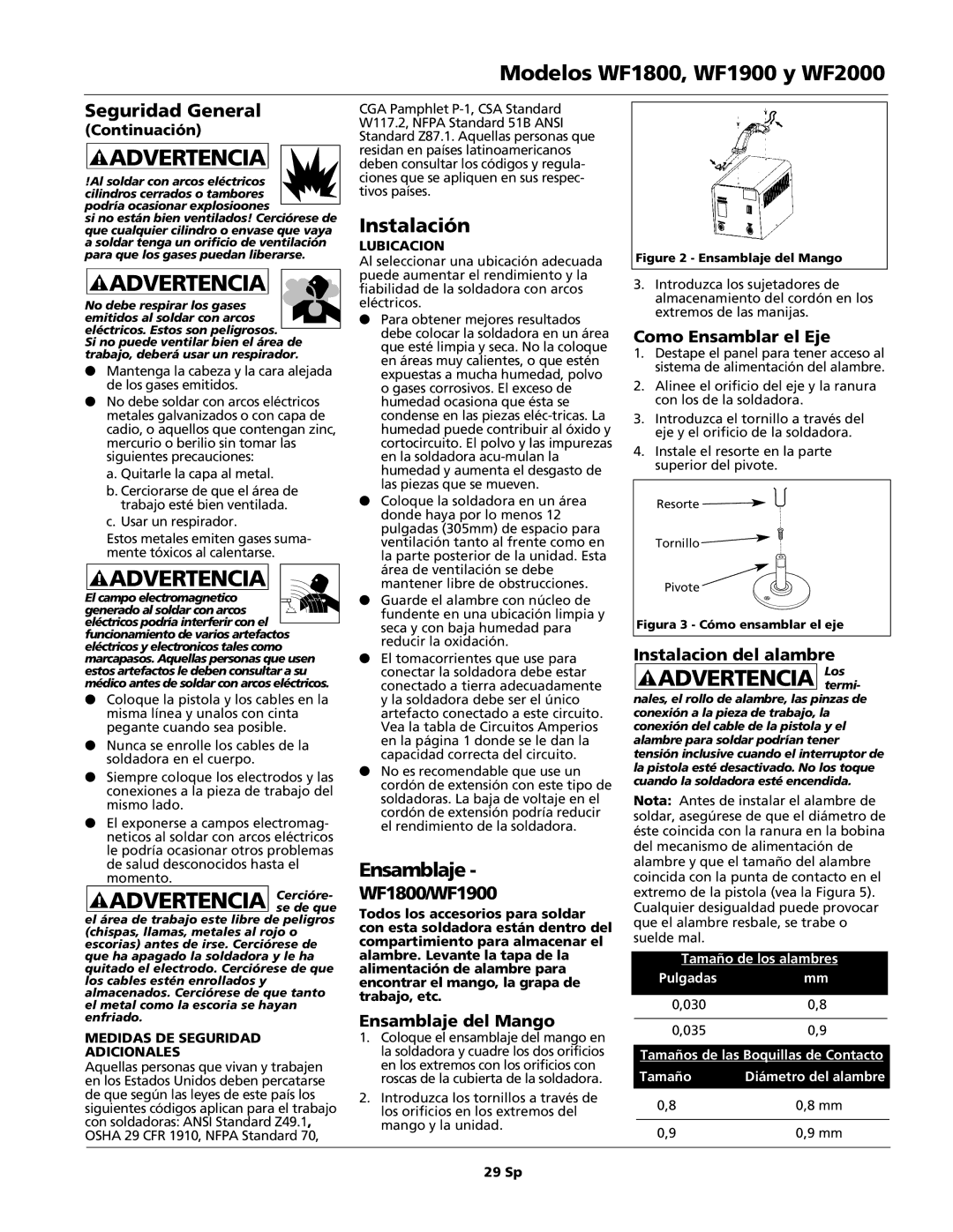 Campbell Hausfeld operating instructions Modelos WF1800, WF1900 y WF2000, Instalación, Ensamblaje 