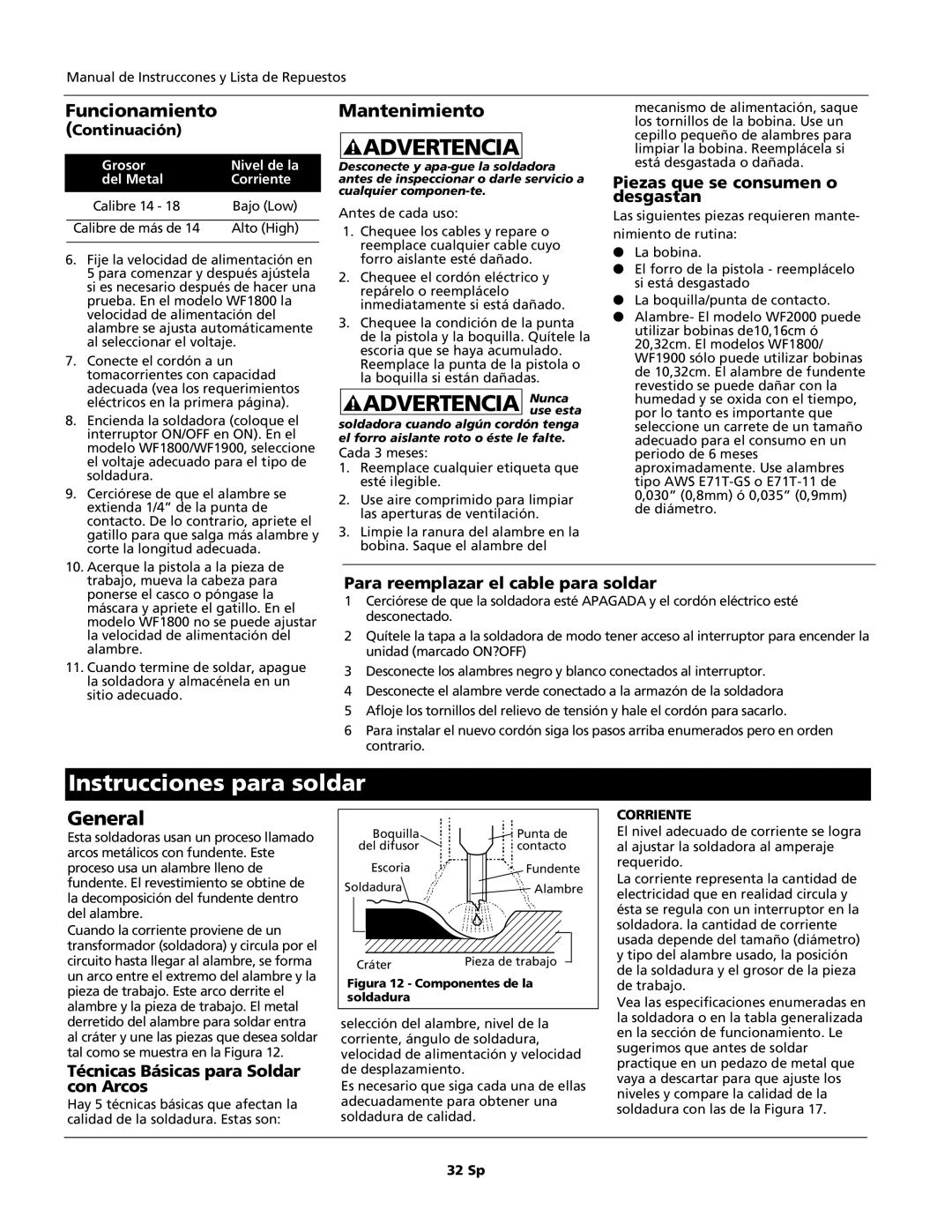 Campbell Hausfeld WF2000, WF1900, WF1800 operating instructions Instrucciones para soldar, General, Mantenimiento 