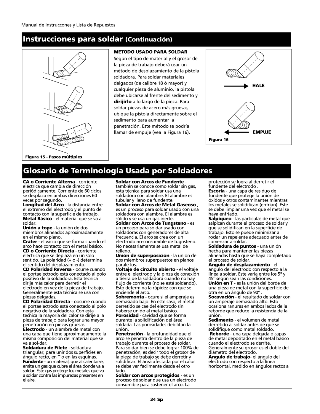 Campbell Hausfeld WF1800 Glosario de Terminología Usada por Soldadores, Metodo Usado Para Soldar, Hale Empuje, 34 Sp 