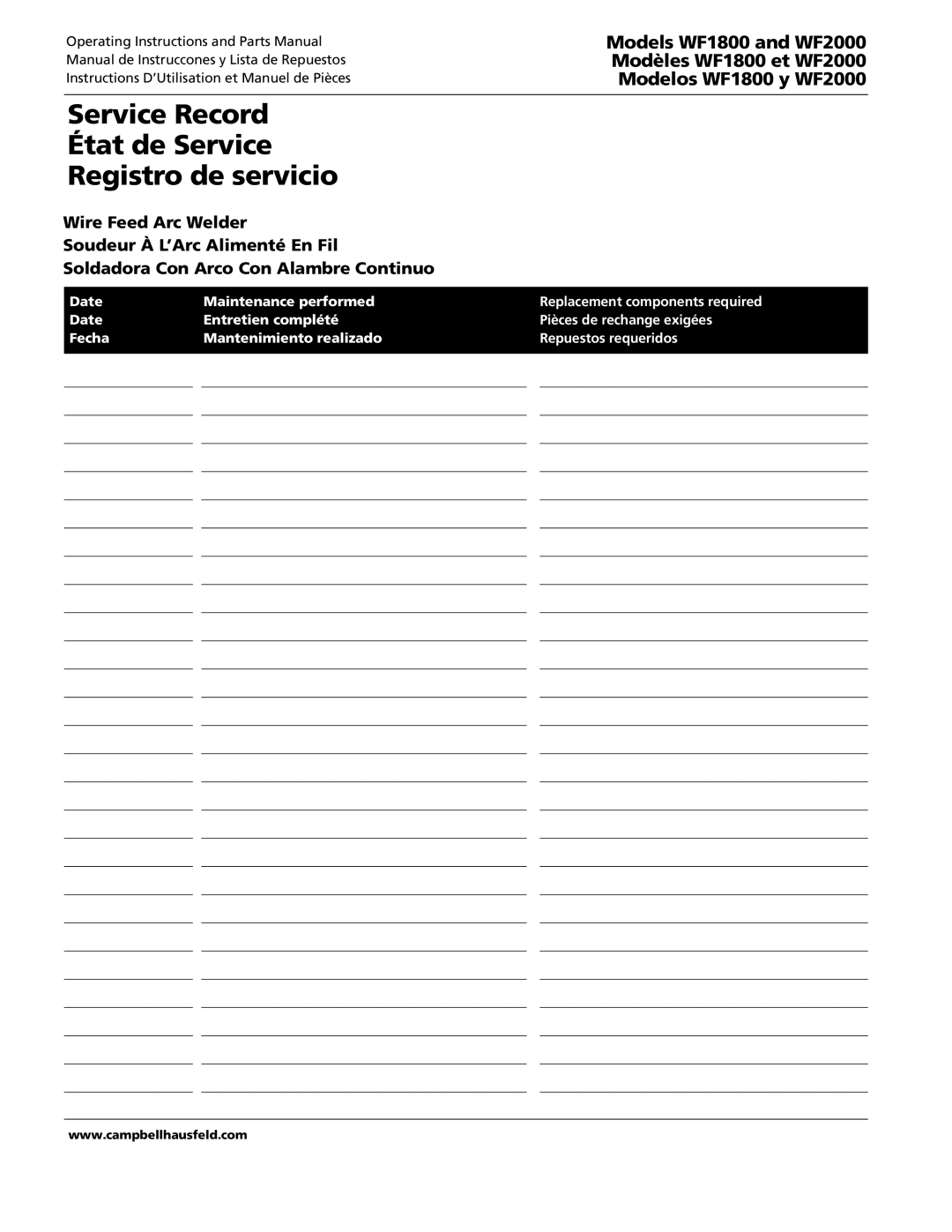 Campbell Hausfeld WF1800, WF1900, WF2000 operating instructions Service Record État de Service Registro de servicio 