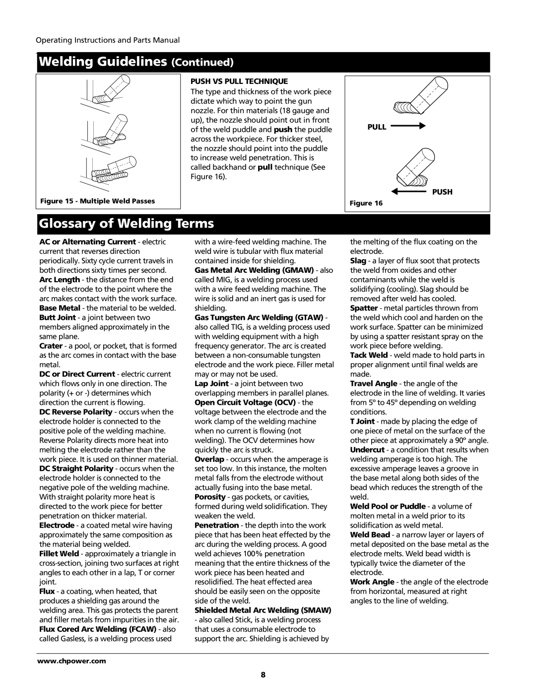 Campbell Hausfeld WF2000 Glossary of Welding Terms, Push VS Pull Technique, Pull Push, Shielded Metal Arc Welding Smaw 