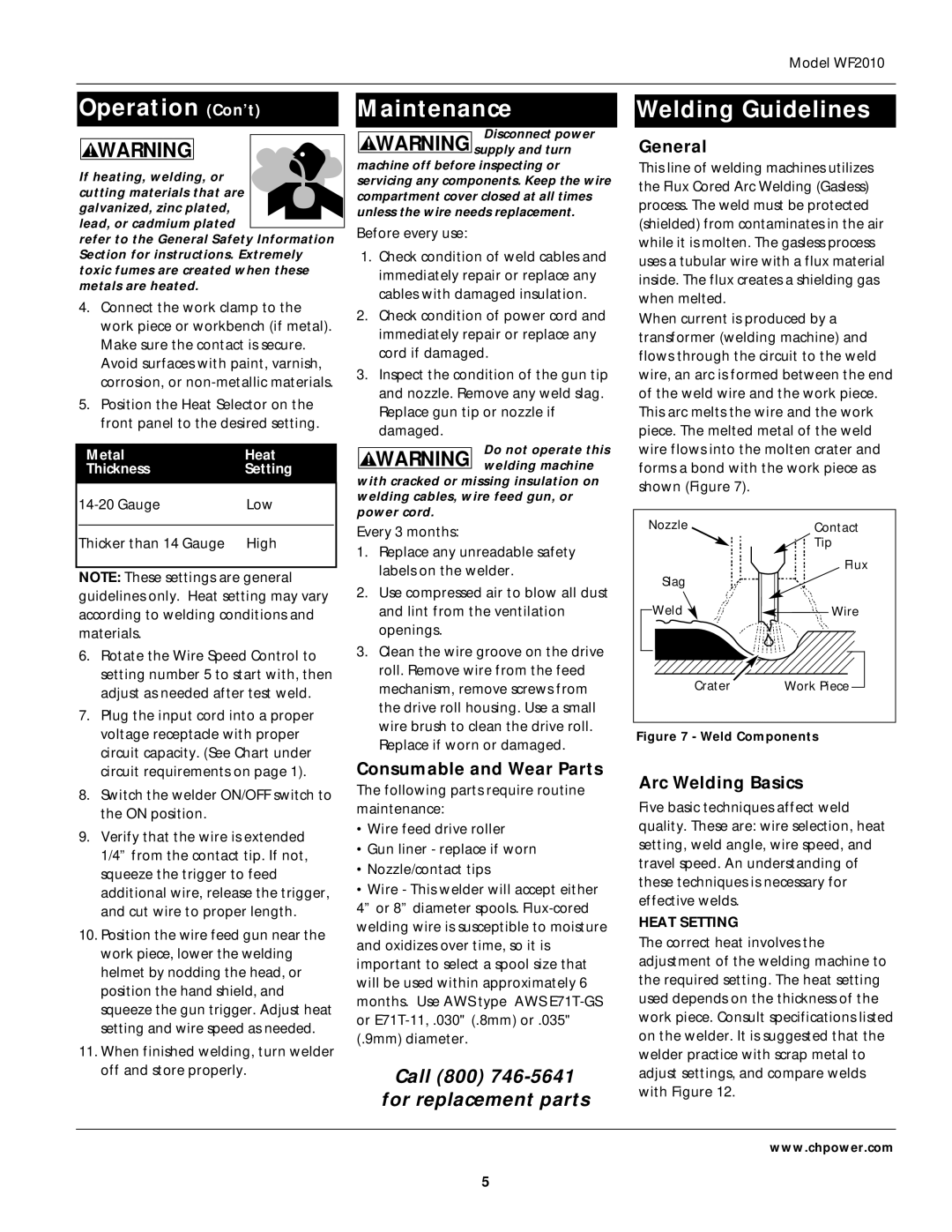 Campbell Hausfeld WF2010 operating instructions Operation Con’t, Maintenance, Welding Guidelines 