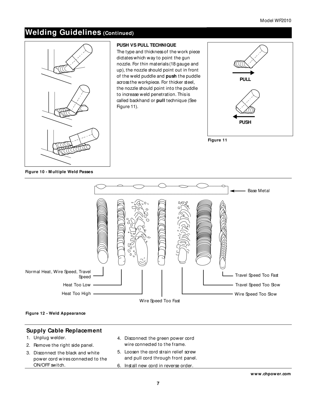 Campbell Hausfeld WF2010 operating instructions Supply Cable Replacement, Push VS Pull Technique, Pull Push 