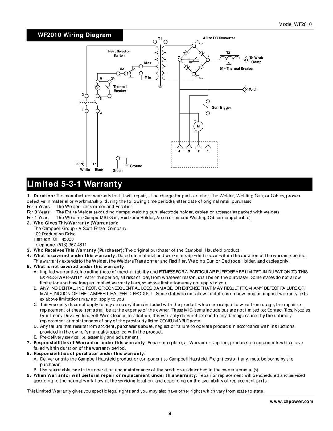 Campbell Hausfeld operating instructions Limited 5-3-1 Warranty, WF2010 Wiring Diagram 