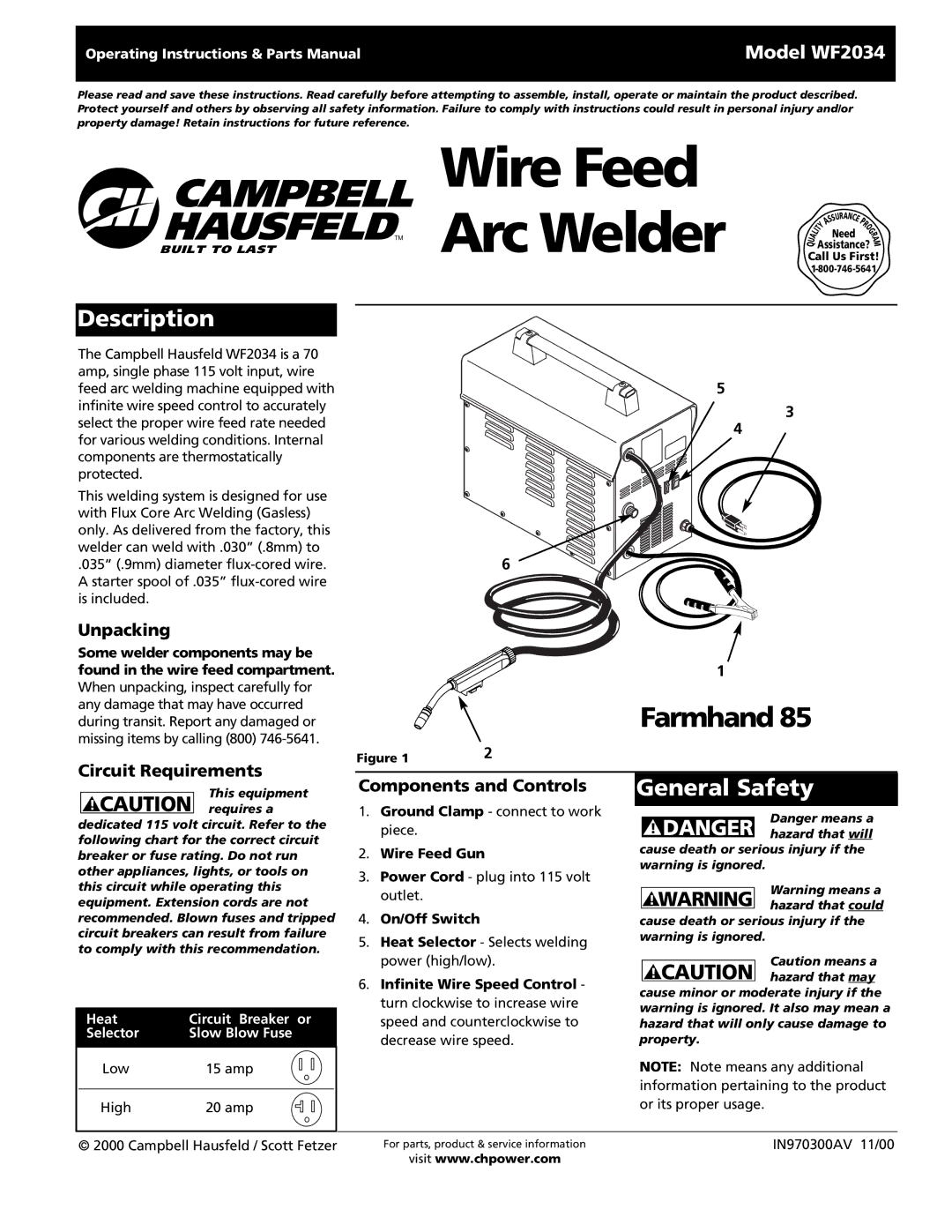 Campbell Hausfeld WF2034 operating instructions Description, General Safety, Unpacking, Circuit Requirements 