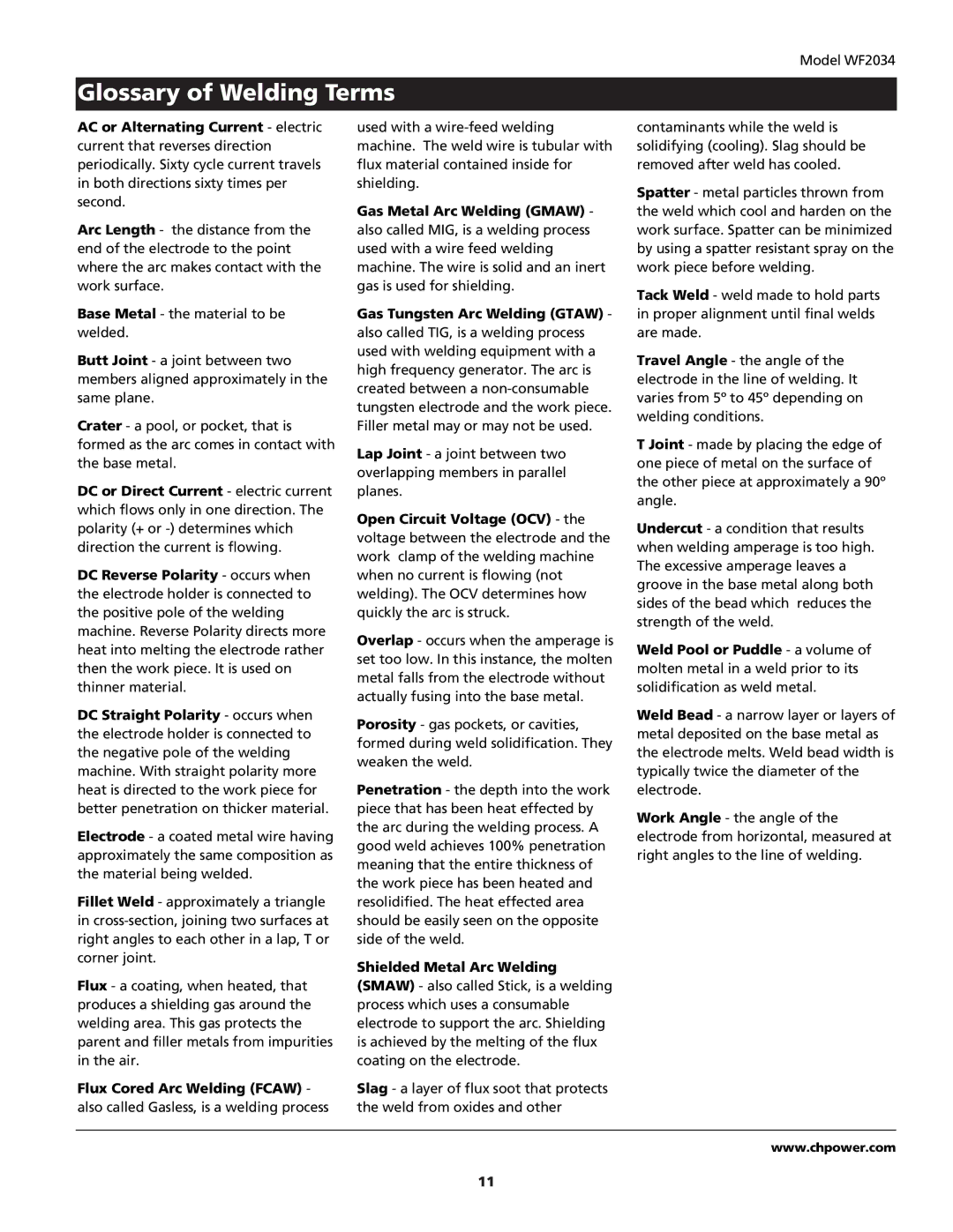 Campbell Hausfeld WF2034 operating instructions Glossary of Welding Terms, Shielded Metal Arc Welding 