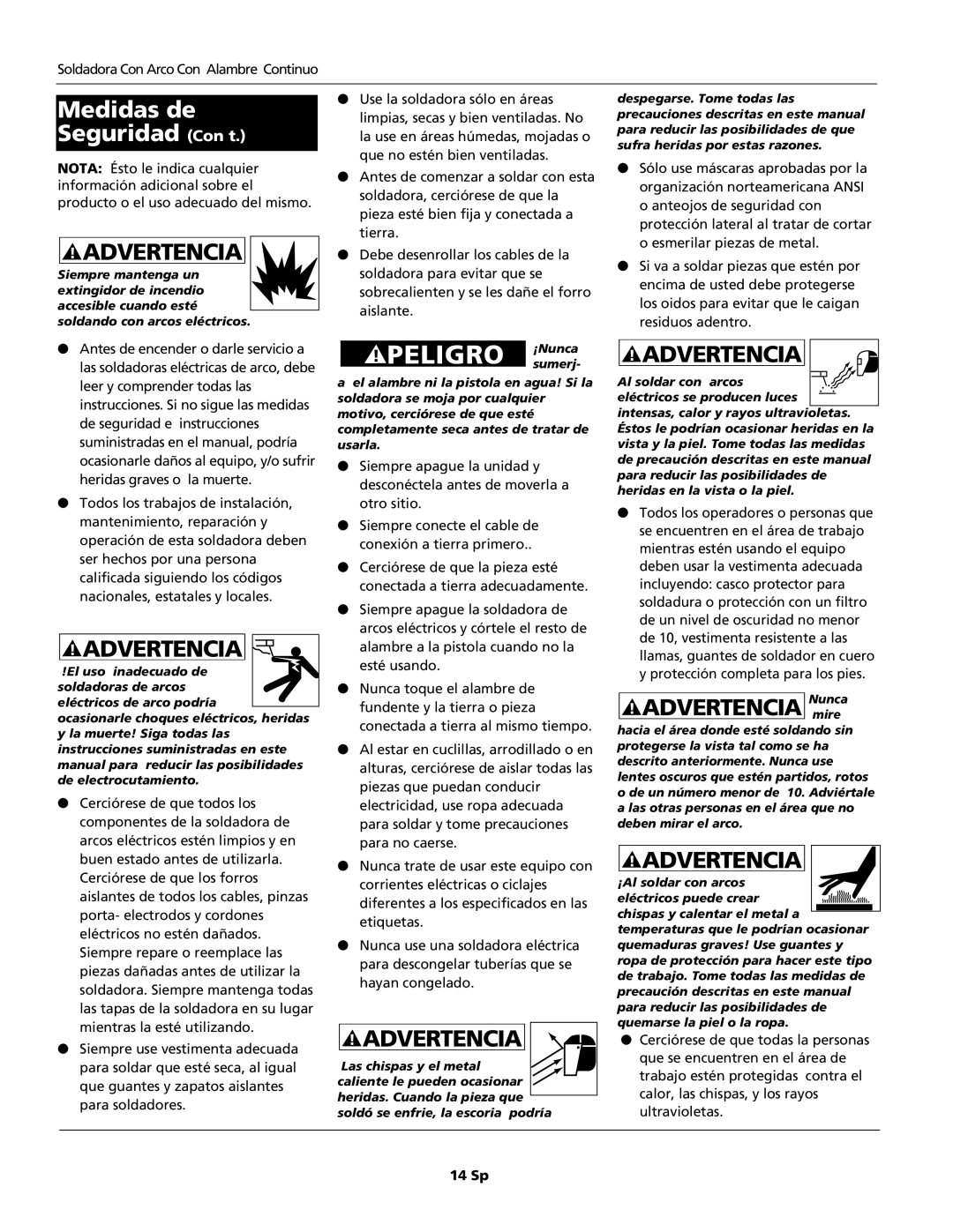 Campbell Hausfeld WF2034 operating instructions Medidas de, Seguridad Con’t, 14 Sp 