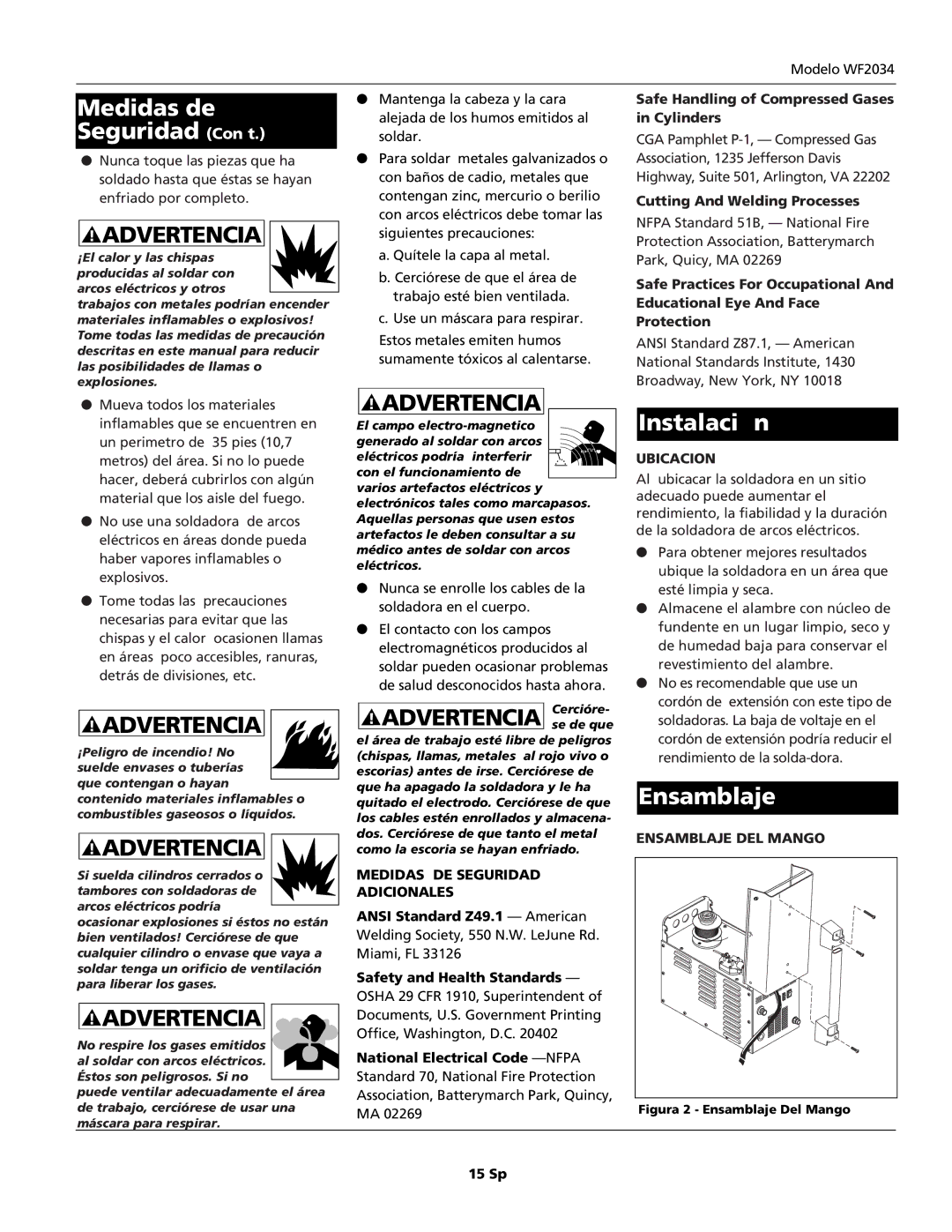 Campbell Hausfeld WF2034 operating instructions Medidas de Seguridad Con’t, Advertencia se de que, Instalación, Ensamblaje 