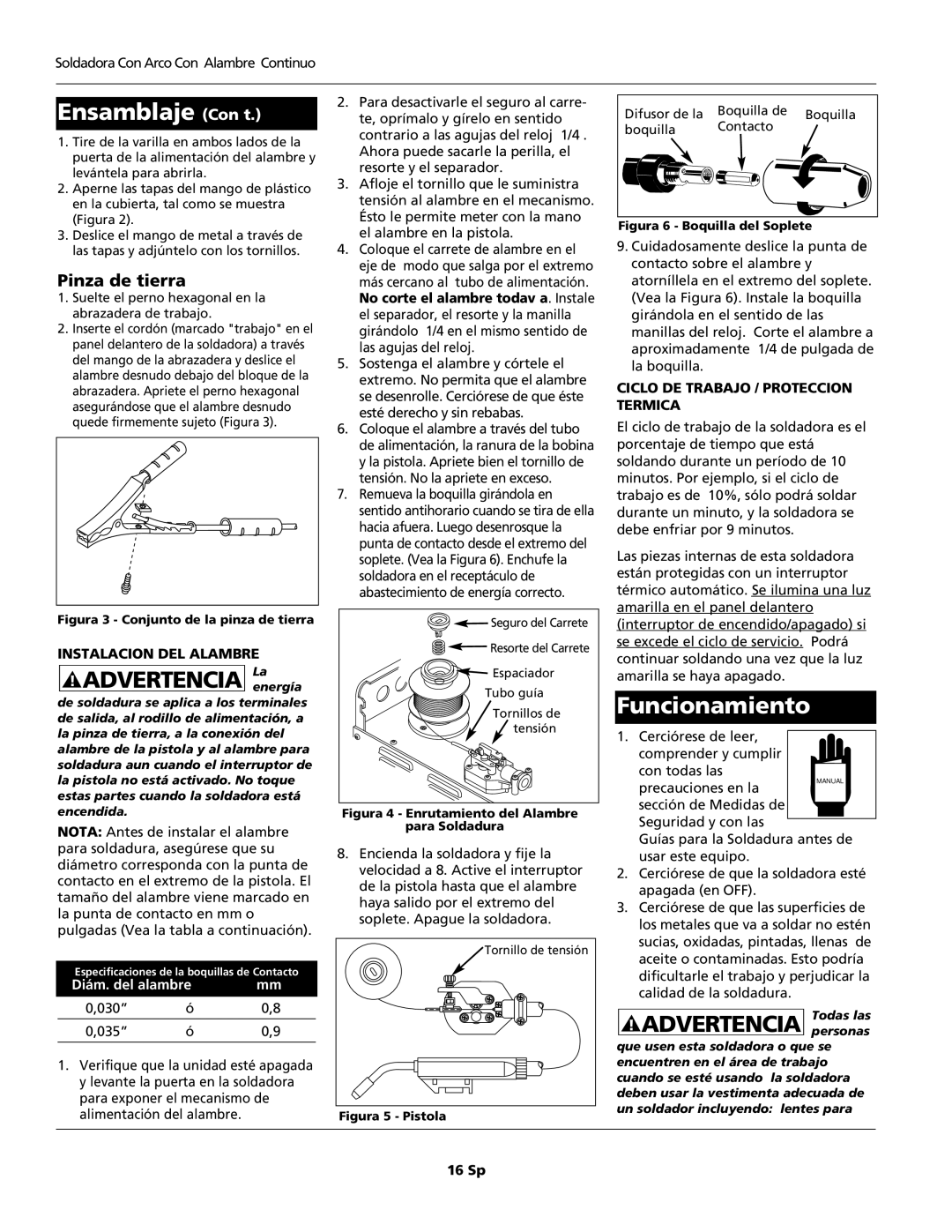 Campbell Hausfeld WF2034 Ensamblaje Con’t, Advertencia Laenergía, Funcionamiento, Advertencia personas, Pinza de tierra 