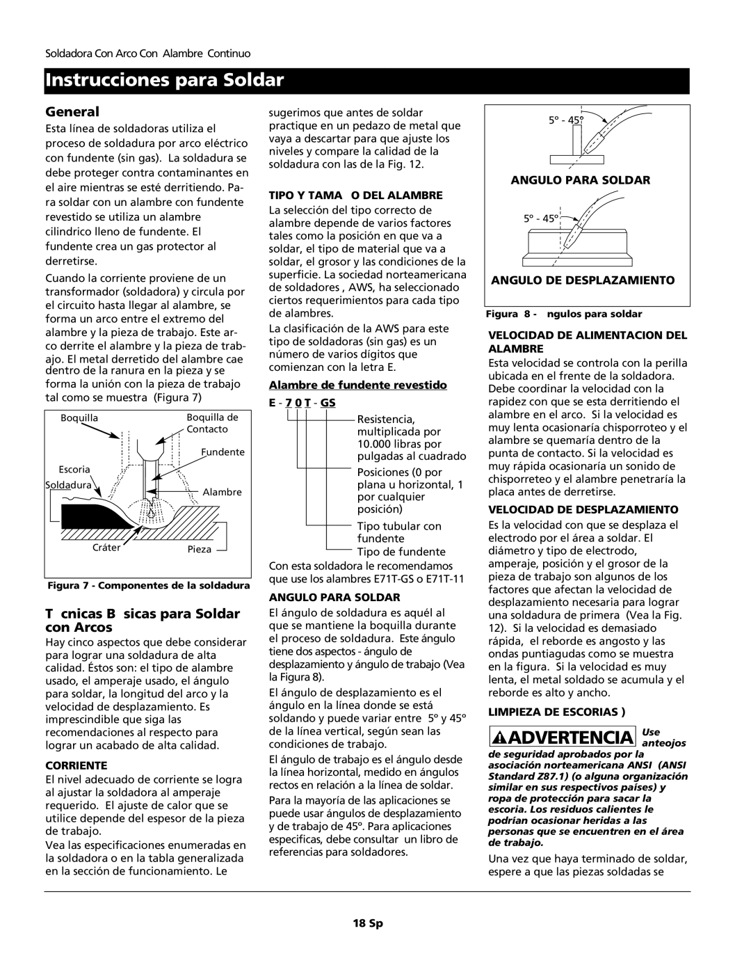 Campbell Hausfeld WF2034 Instrucciones para Soldar, Advertencia Useanteojos, Técnicas Básicas para Soldar con Arcos 