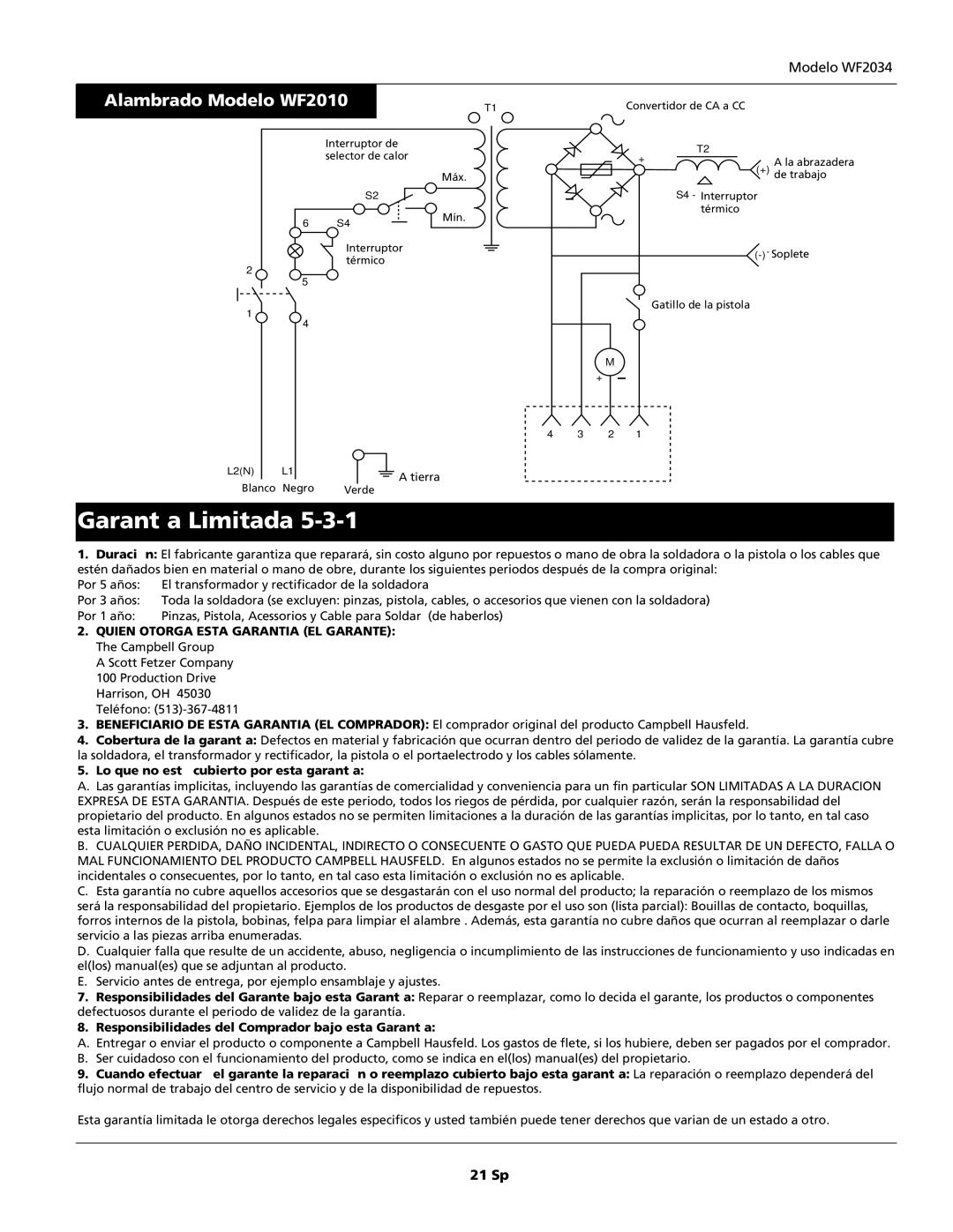 Campbell Hausfeld WF2034 operating instructions Garantía Limitada, 21 Sp 