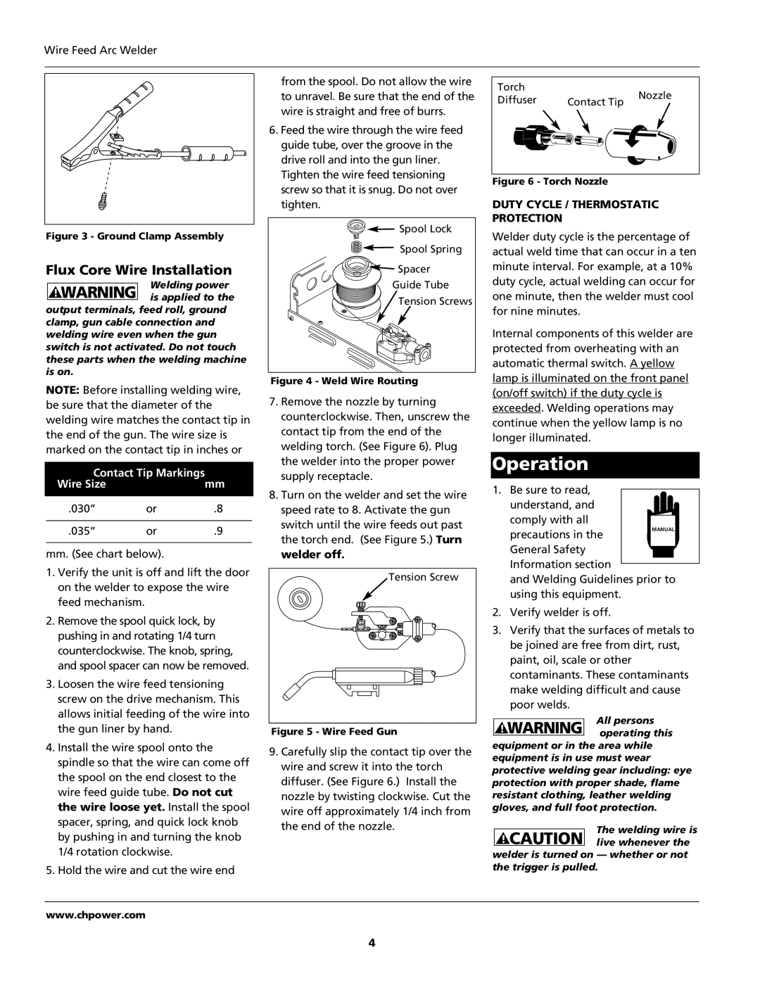 Campbell Hausfeld WF2034 Operation, Flux Core Wire Installation, Duty Cycle / Thermostatic Protection 