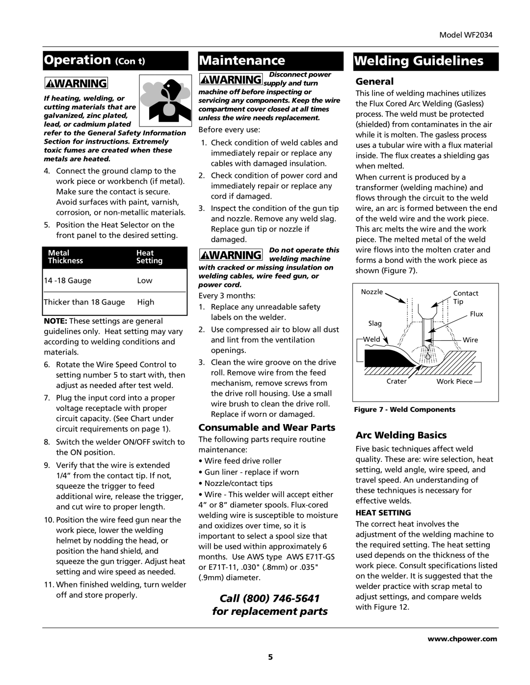 Campbell Hausfeld WF2034 operating instructions Operation Con’t, Maintenance, Welding Guidelines 