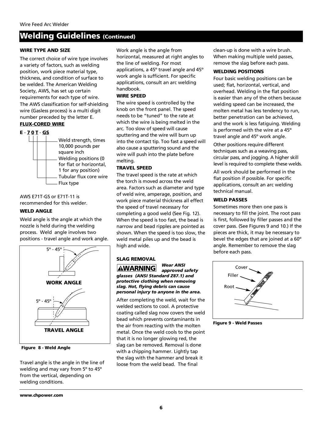 Campbell Hausfeld WF2034 Wire Type and Size, FLUX-CORED Wire, Weld Angle, Welding Positions, Weld Passes 