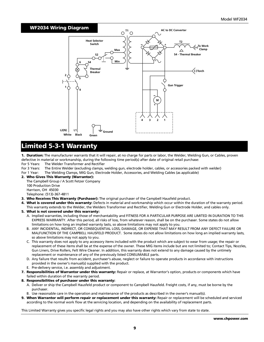 Campbell Hausfeld operating instructions Limited 5-3-1 Warranty, WF2034 Wiring Diagram 