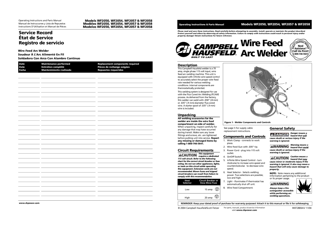 Campbell Hausfeld WF2050 warranty Description, Unpacking, Circuit Requirements, Components and Controls, General Safety 